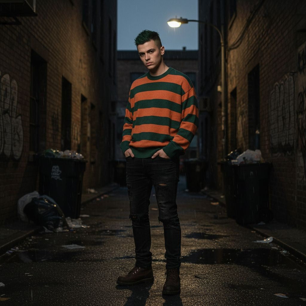 Street style guy wearing a knitted sweater  with wide stripes in orange and green