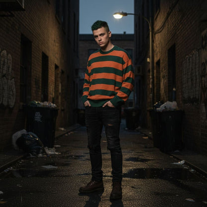 Street style guy wearing a knitted sweater  with wide stripes in orange and green