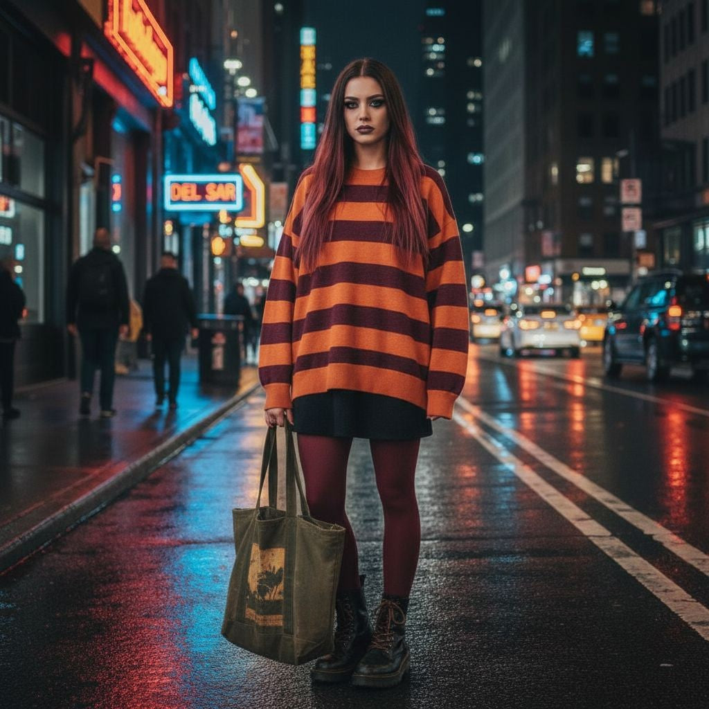 Street style girl wearing a oversized knitted sweater  with wide stripes in orange and burgundy