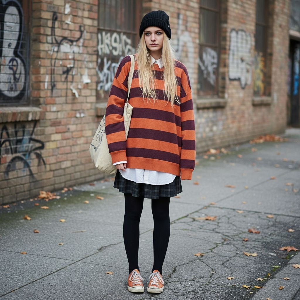 Indie sleaze style girl wearing a knitted sweater with wide stripes in orange and burgundy
