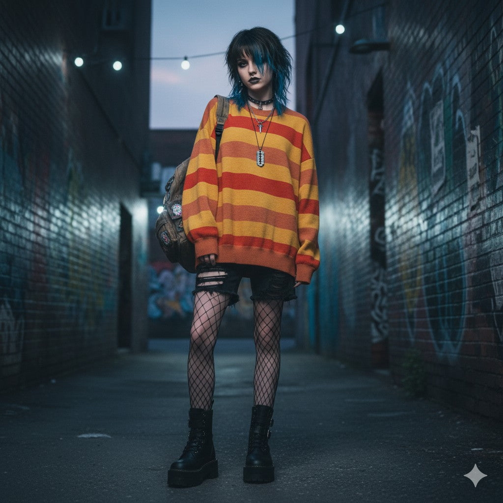 Grungy punk scenecore girl wearing a knitted sweater with wide stripes in yellow and red
