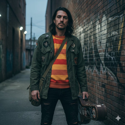 Grunge guy wearing a knitted sweater with wide stripes in yellow and red under army coat