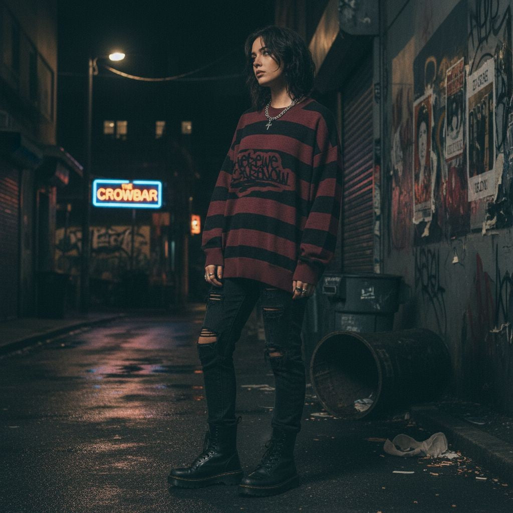person wearing a grunge style dark striped knitted sweater in a dark alleyway