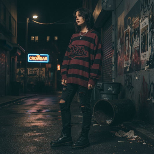 person wearing a grunge style dark striped knitted sweater in a dark alleyway