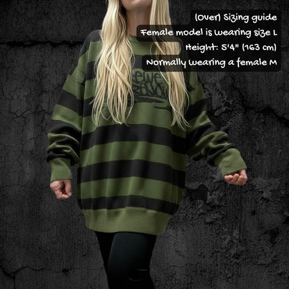 Size guide for relaxed fit crew neck knitted grunge stripes sweater - oversizing example