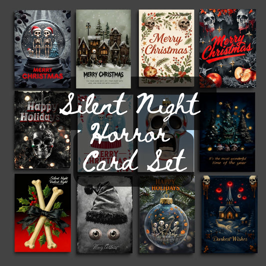 Collage of Christmas-themed cards with horror elements, featuring text like 'Merry Christmas' and 'Happy Holidays'.