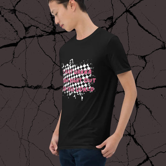 person wearing black alt t-shirt with rugged checkers pattern and text overlay "i just wanna walk right out of this world"