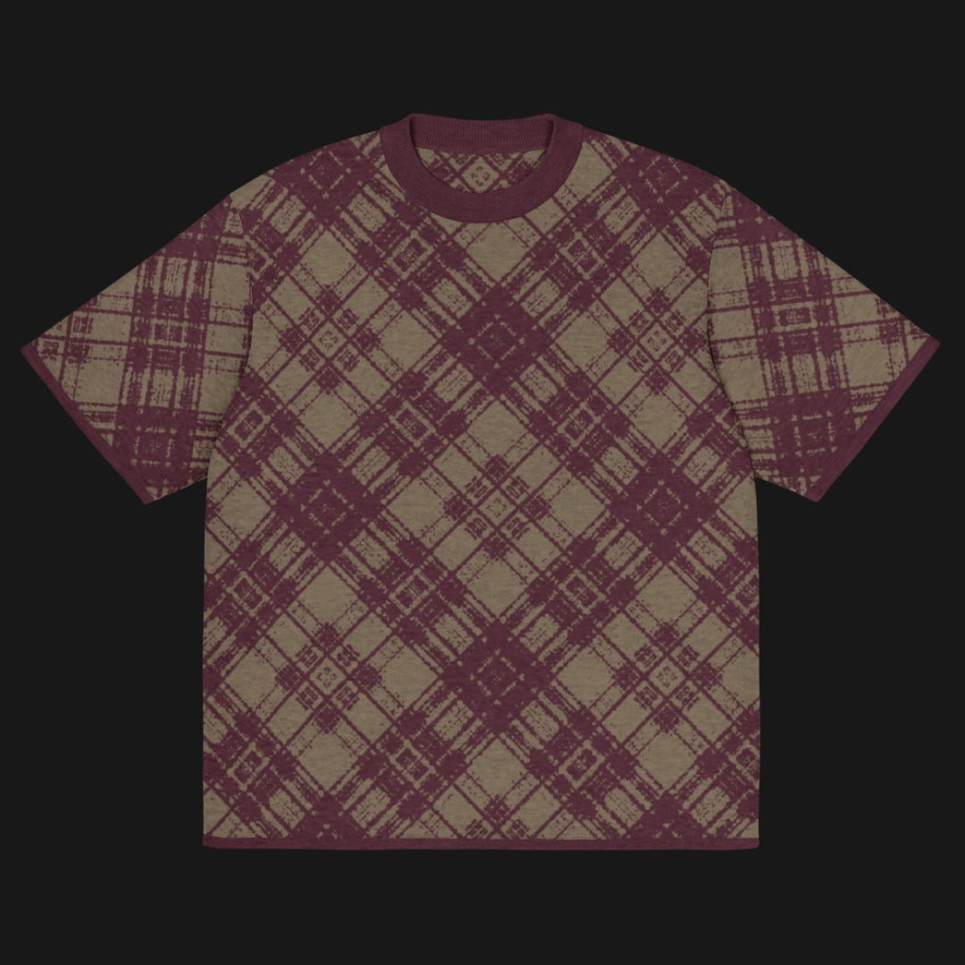 A burgundy and brown glitched plaid pattern knitted tee