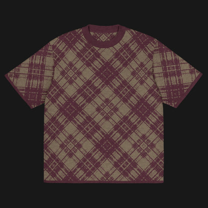 A burgundy and brown glitched plaid pattern knitted tee