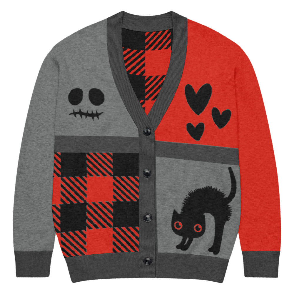 a knitted cardigan with patchwork like design, plaid, hearts, spooky eyes and a cat