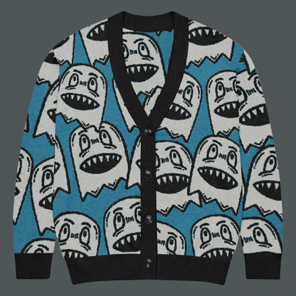electric blue knitted cardigan with large grinning goblin heads in scene and grunge style