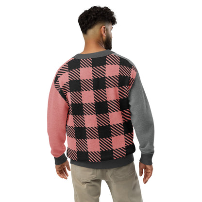 a knitted cardigan with patchwork like design, plaid, hearts, spooky eyes and a cat