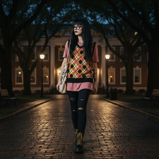 emo girl wearing a knitted argyle vest over a pink tee and ripped skinny jeans