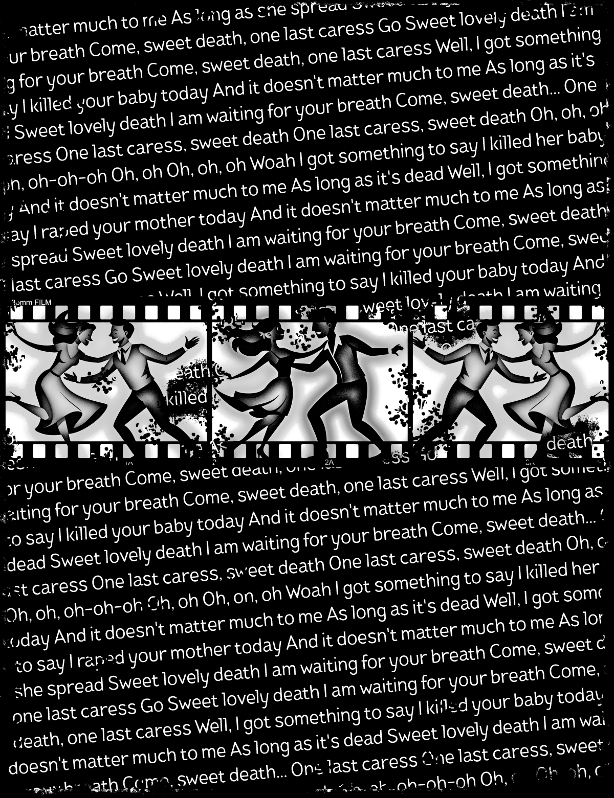 "one last caress" tribute to misfits zip up hoodie back: Black and white text with repeated lyrics of last caress and a film strip design featuring swing dancing