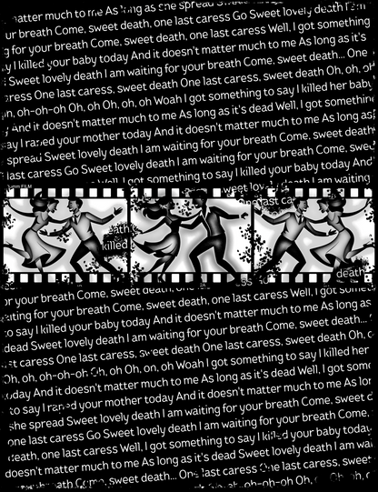 "one last caress" tribute to misfits zip up hoodie back: Black and white text with repeated lyrics of last caress and a film strip design featuring swing dancing
