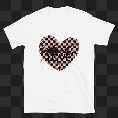 A white gildan 64000 t-shirt with a pink and black cracked distressed checkered heart and the text love partly obscured.