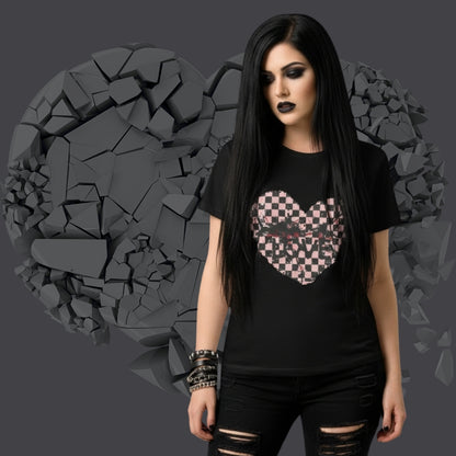 Alt style person wearing a black graphic alt t-shirt with an emo style cracked distressed checkered heart