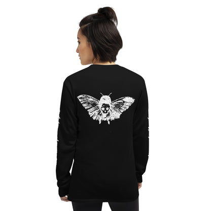 a woman wearing a black long sleeve tee with moth girl print in front and back and text on sleeves