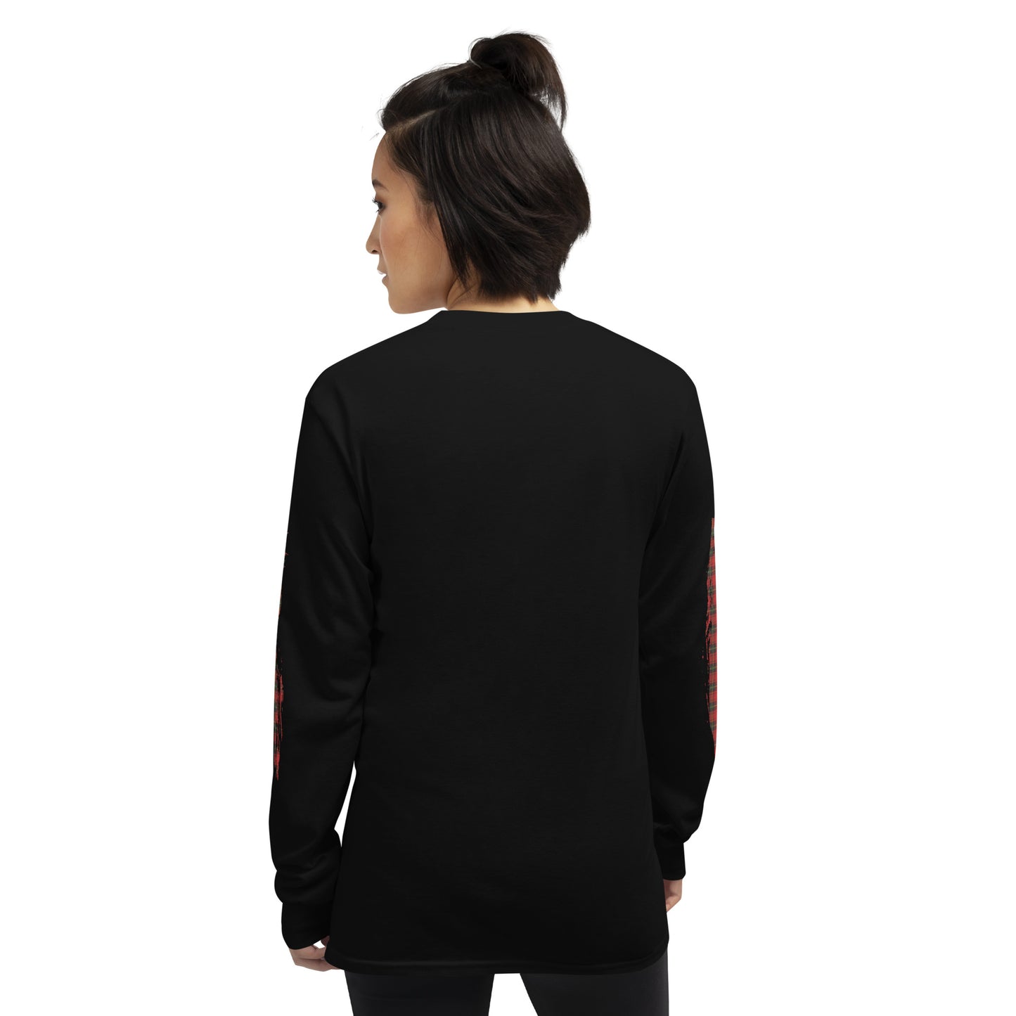 Person wearing a black long-sleeve shirt with 'PUNK INSIDE' text and sleeve plaid prints, from the back