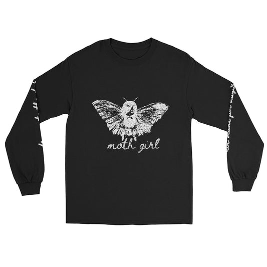 a black long sleeve tee with moth girl print in front and back and text on sleeves