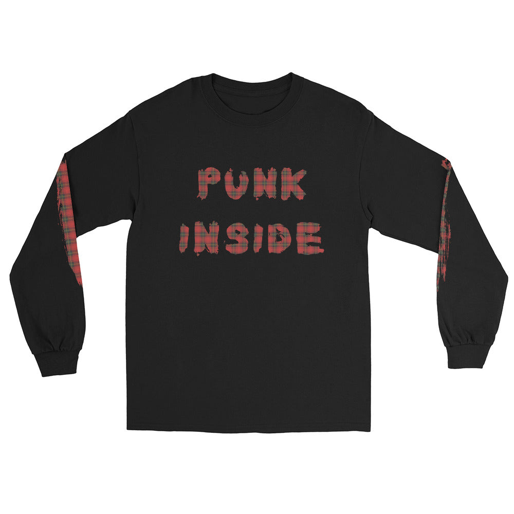 a black long-sleeve shirt with 'PUNK INSIDE' text and sleeve plaid prints