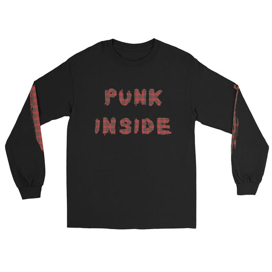 a black long-sleeve shirt with 'PUNK INSIDE' text and sleeve plaid prints