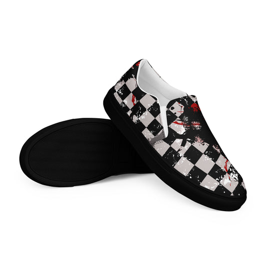 grey and black distressed checkered emo slip on shoes