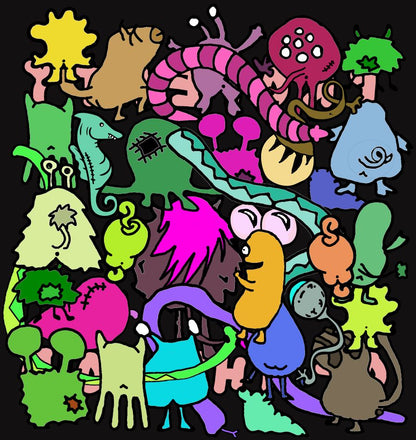 close up of the colorful monsters print in the back