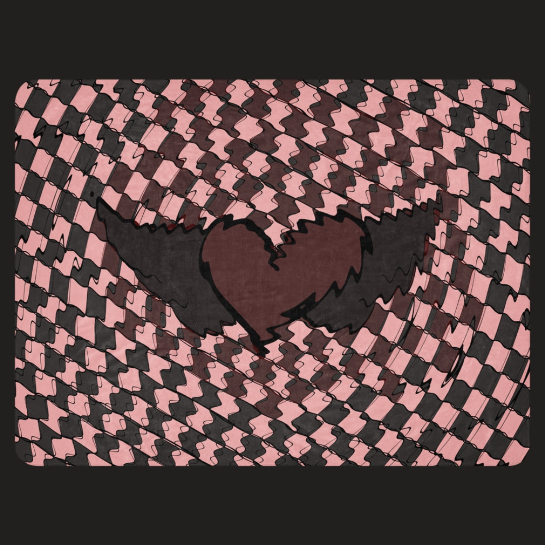 Distorted heart sherpa blanket with warped pink and black checker pattern, oversized emo aesthetic cozy throw