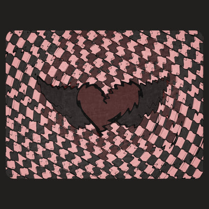 Distorted heart sherpa blanket with warped pink and black checker pattern, oversized emo aesthetic cozy throw
