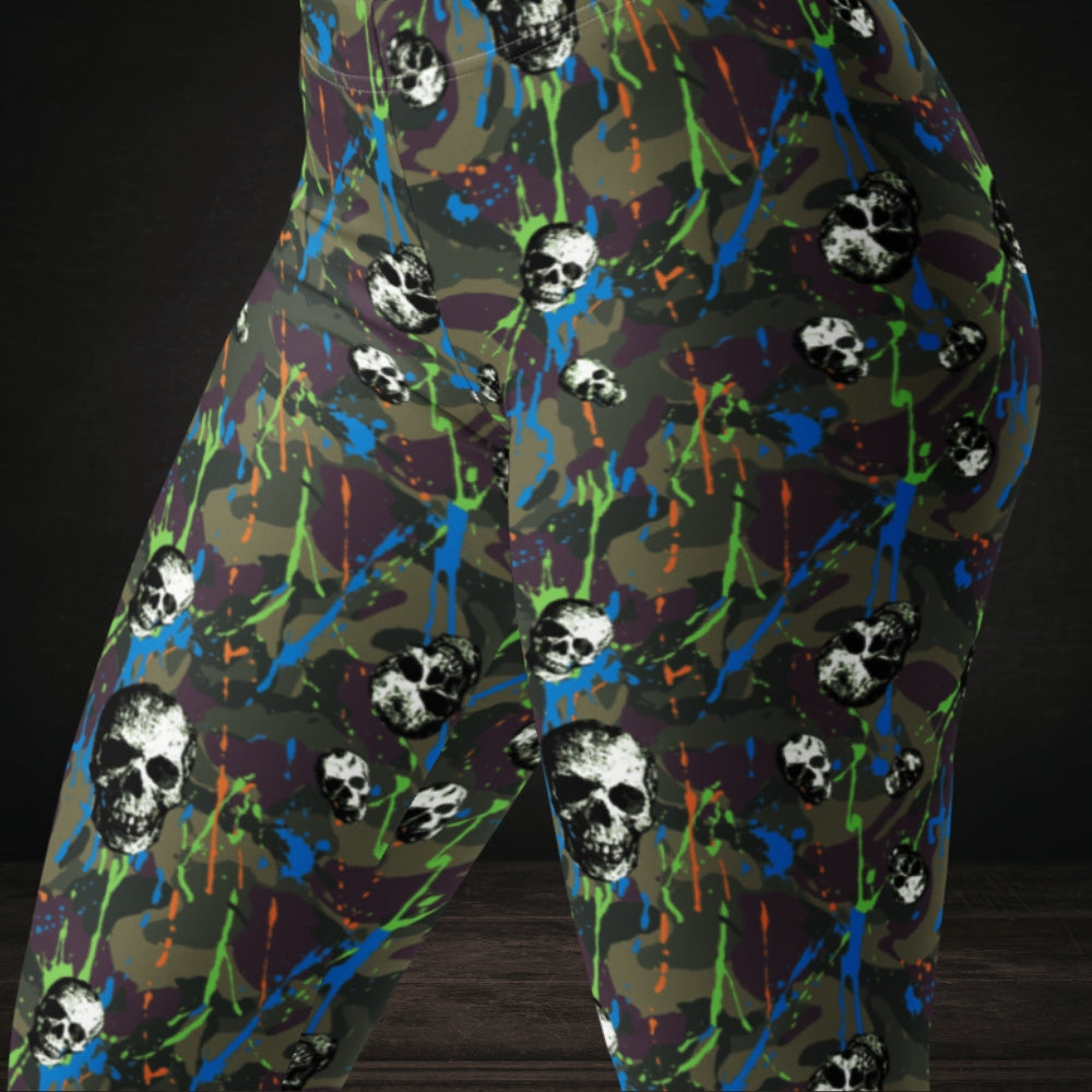 Green camo splatter skull pattern leggings with neon details