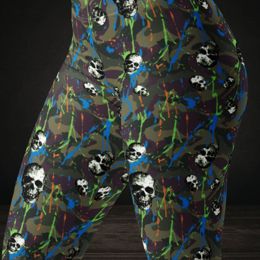 Green camo splatter skull pattern leggings with neon details