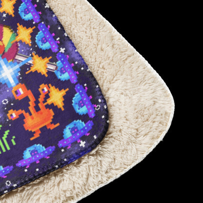 Large fleece sherpa colorful blanket with space-themed design featuring a maze, pixelated planets, a rebus and alien writing