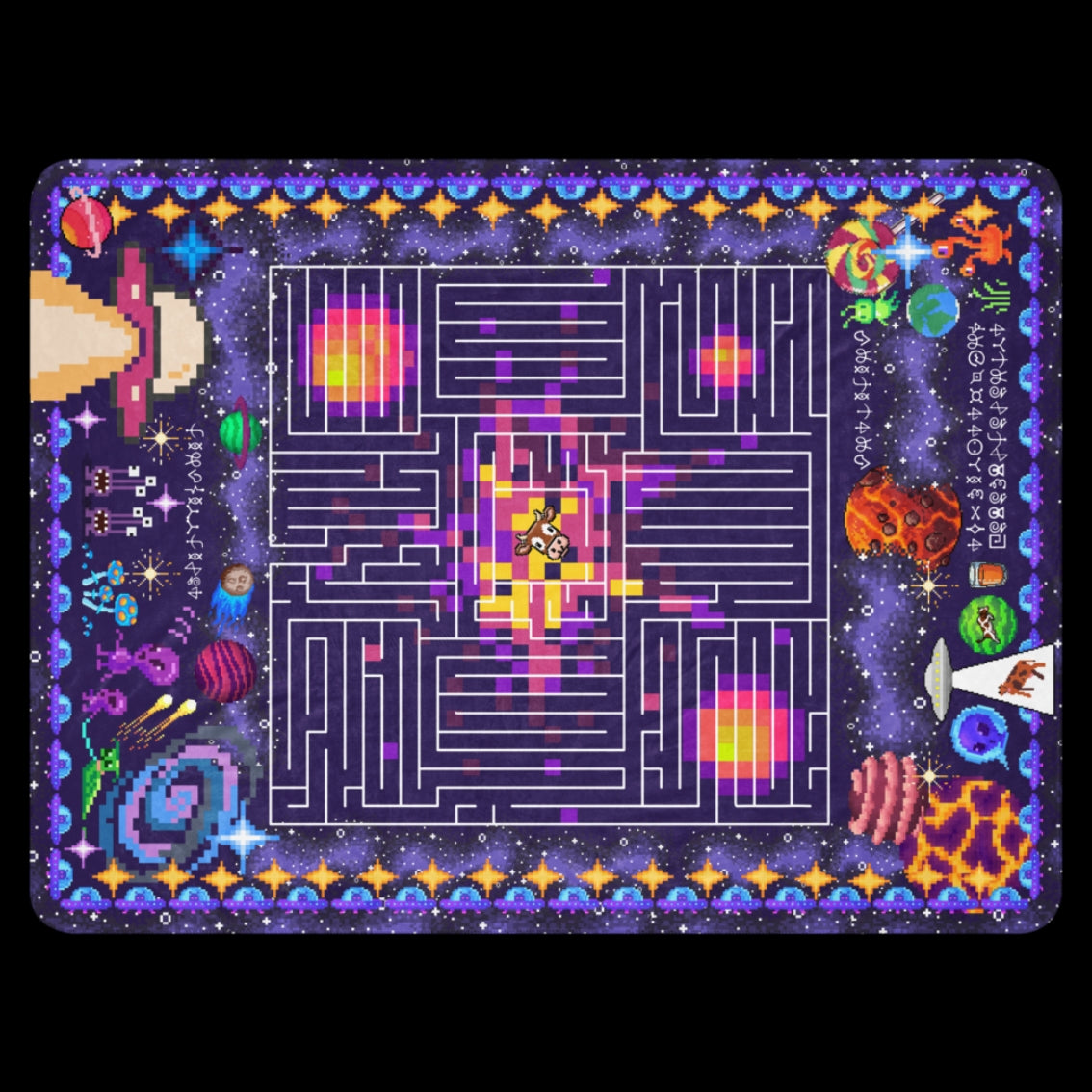 Large fleece sherpa colorful blanket with space-themed design featuring a maze, pixelated planets, a rebus and alien writing