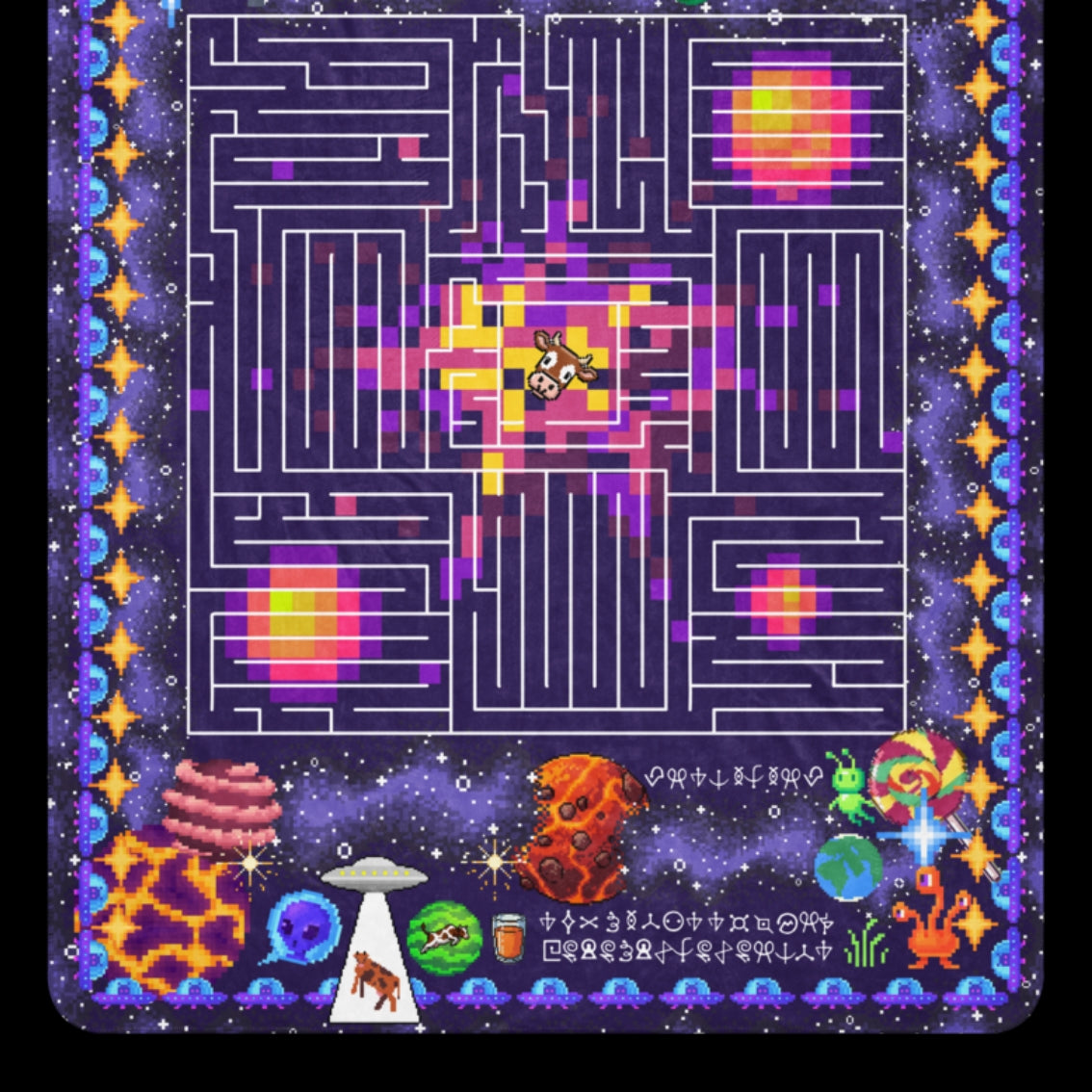 Large fleece sherpa colorful blanket with space-themed design featuring a maze, pixelated planets, a rebus and alien writing