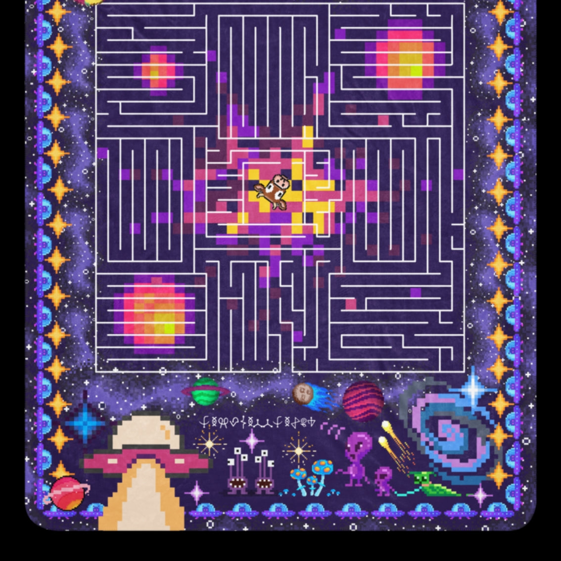 Large fleece sherpa colorful blanket with space-themed design featuring a maze, pixelated planets, a rebus and alien writing