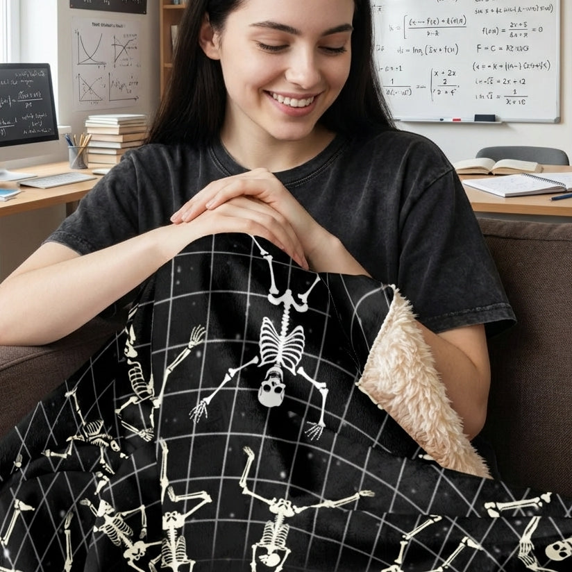 Math student with a large sherpa blanket with a vortex grid with skeletons clinging to it, falling and jumping into the void