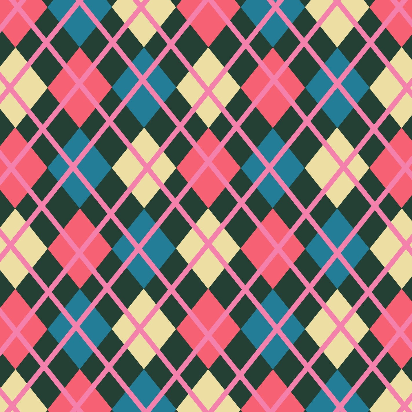 Colorful diamond pattern with pink, blue, yellow, and green on a black background