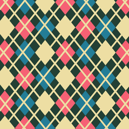 Geometric pattern with pink, blue, and black diamonds on a beige background