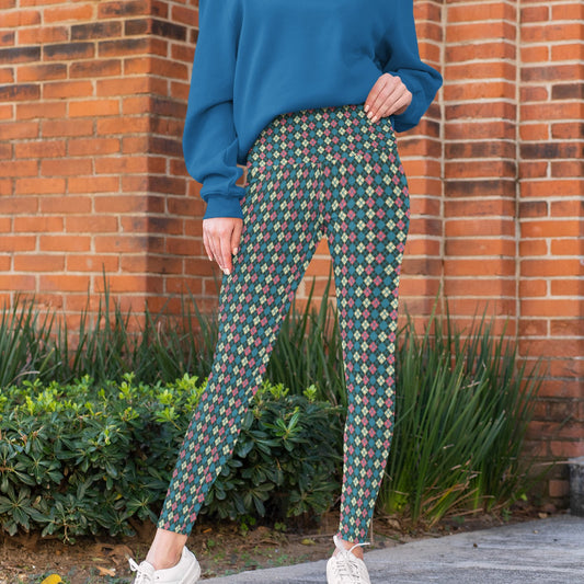 woman wearing leggings with a colorful diamond pattern