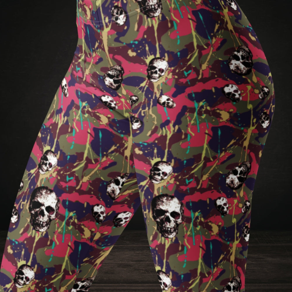 Pink and blue green camo splatter skull pattern leggings