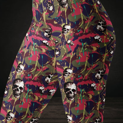 Pink and blue green camo splatter skull pattern leggings