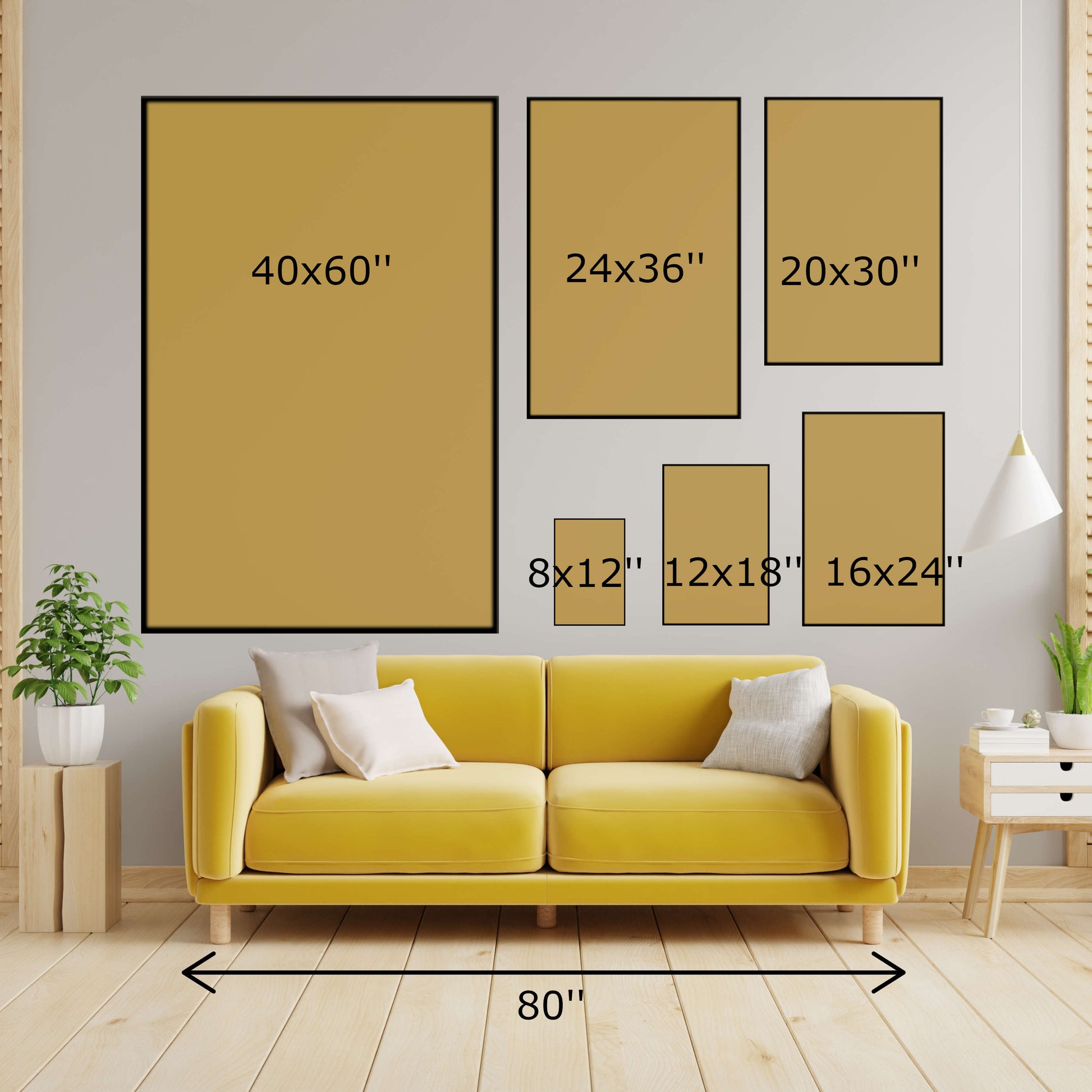 Poster size guide compared to 80 in sofa