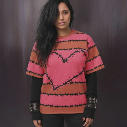 An alt style knitted tee with barbed pink and rust stripes and a barbed heart, worn over a long sleeve