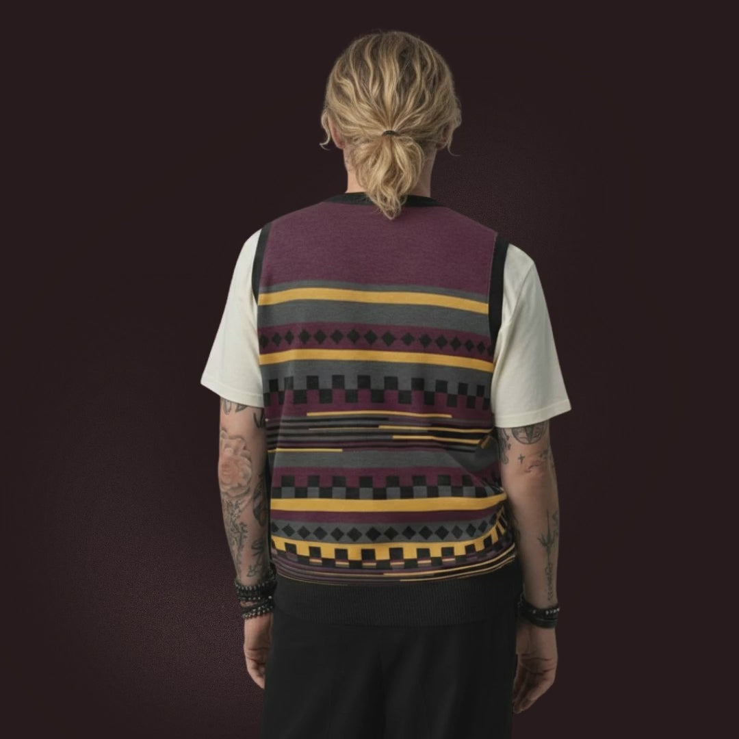 Product video for an alt style knitted vest with irregular patterns and cool colors