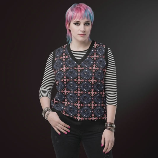 A knitted vest with a hypnotic eyes and skull pattern in emo & goth style