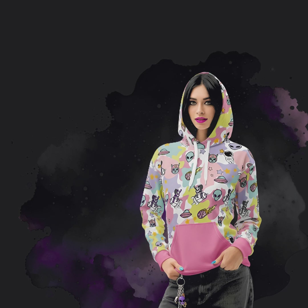 Person wearing a colorful ice cream cosmos hoodie in maximalist y2k revival spacecore style.