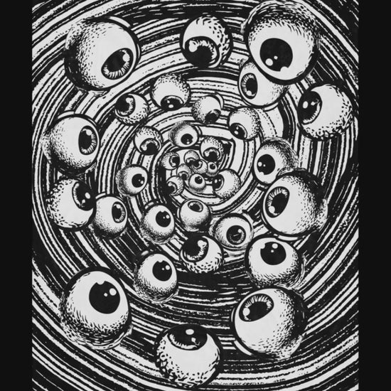 A large sherpa blanket with a black and white drawn vortex and eyeballs floating into it 