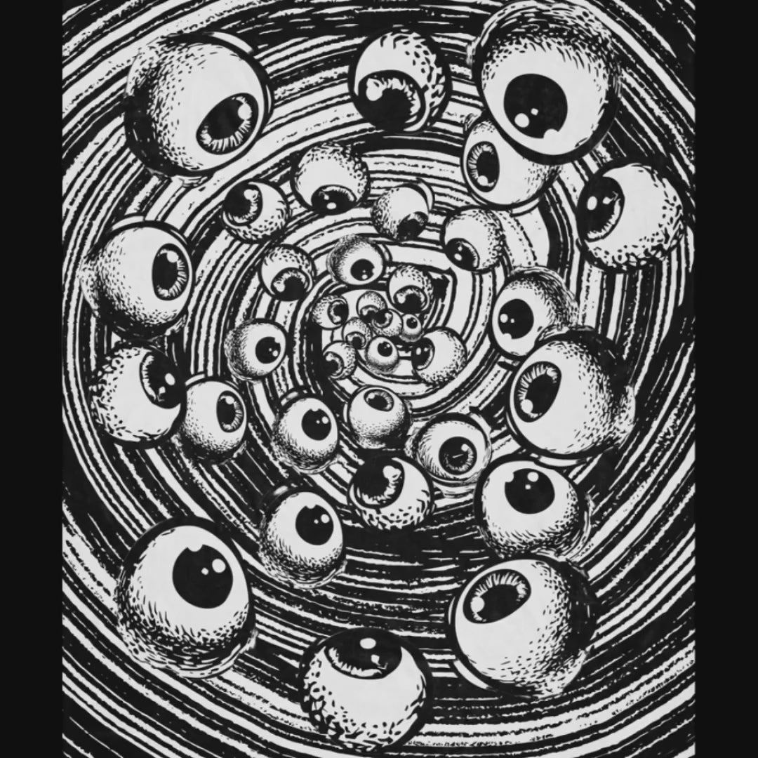A large sherpa blanket with a black and white drawn vortex and eyeballs floating into it 