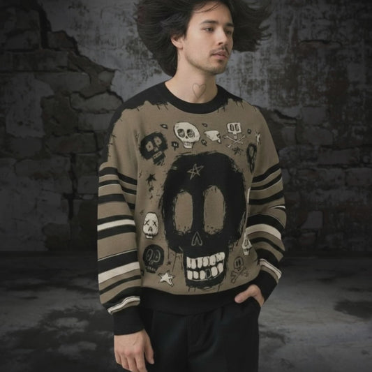 Product video of a knitted alt style sweater with skull scribbles and irregular stripes